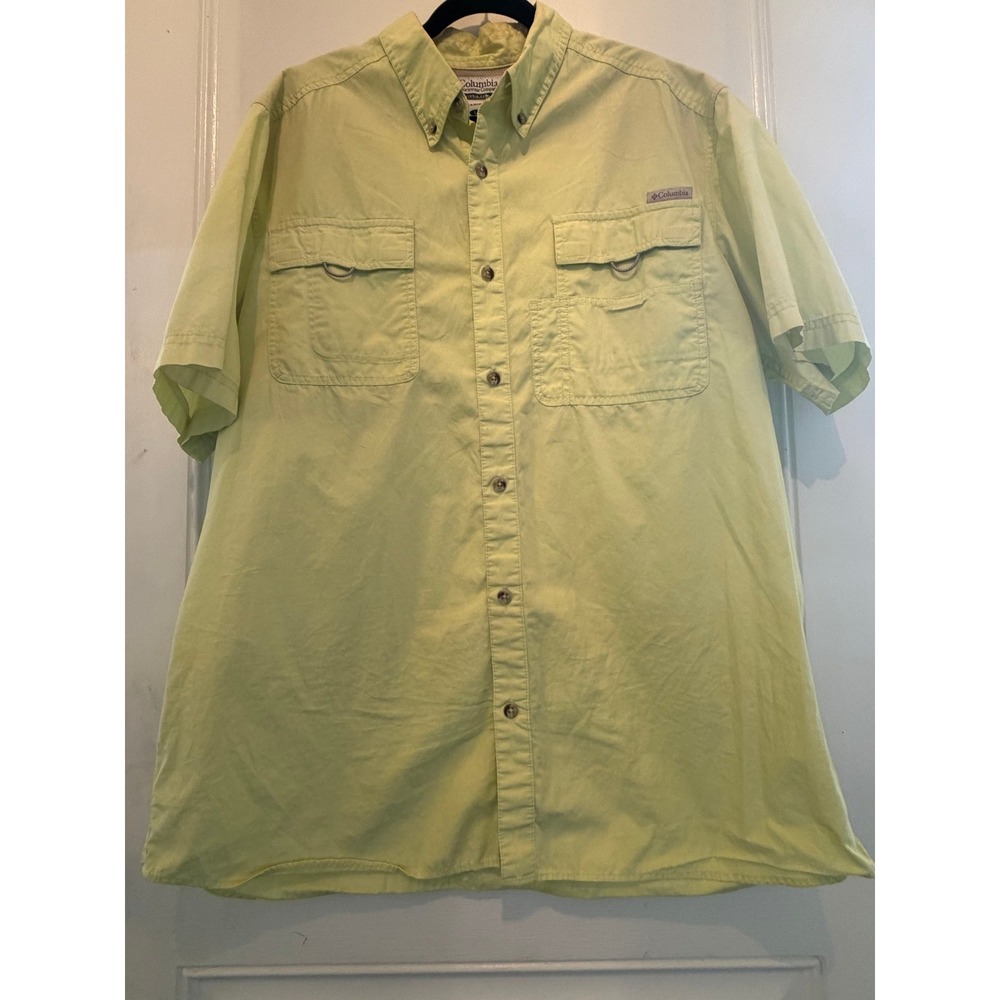 Columbia Mens Short Sleeve Fishing Shirt Large Yellow Button Front Vented Back